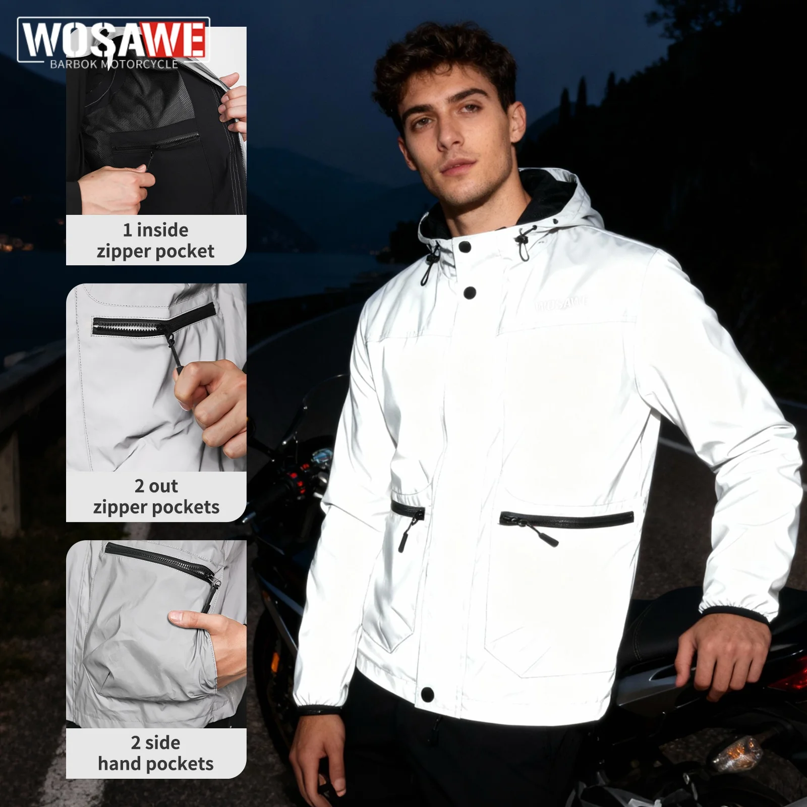 

WOSAWE Night Motorcycle Cycling Reflective Hooded Jacket Men's Fashion Outdoor Windproof Running Sports Loose Casual Coats