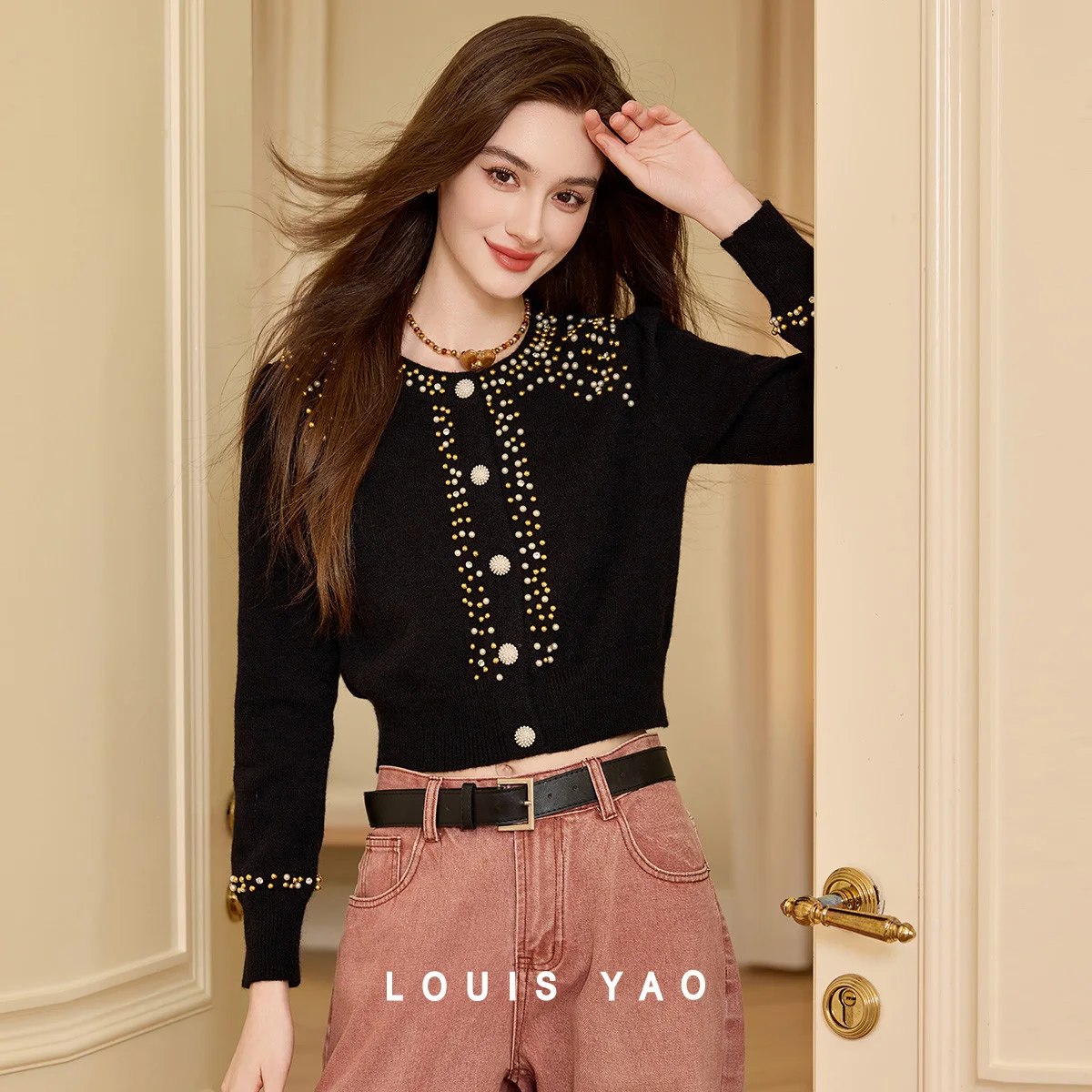 

LOUIS YAO вязаный кардиган с бусинами для ногтей, осень-зима 2022, модный и нежный однотонный женский вязаный свитер с круглым вырезом
