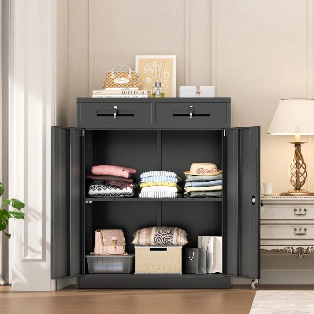 Lockable Steel Storage Cabinet with Drawer and 2 Shelves, Black for Office Home Warehouse