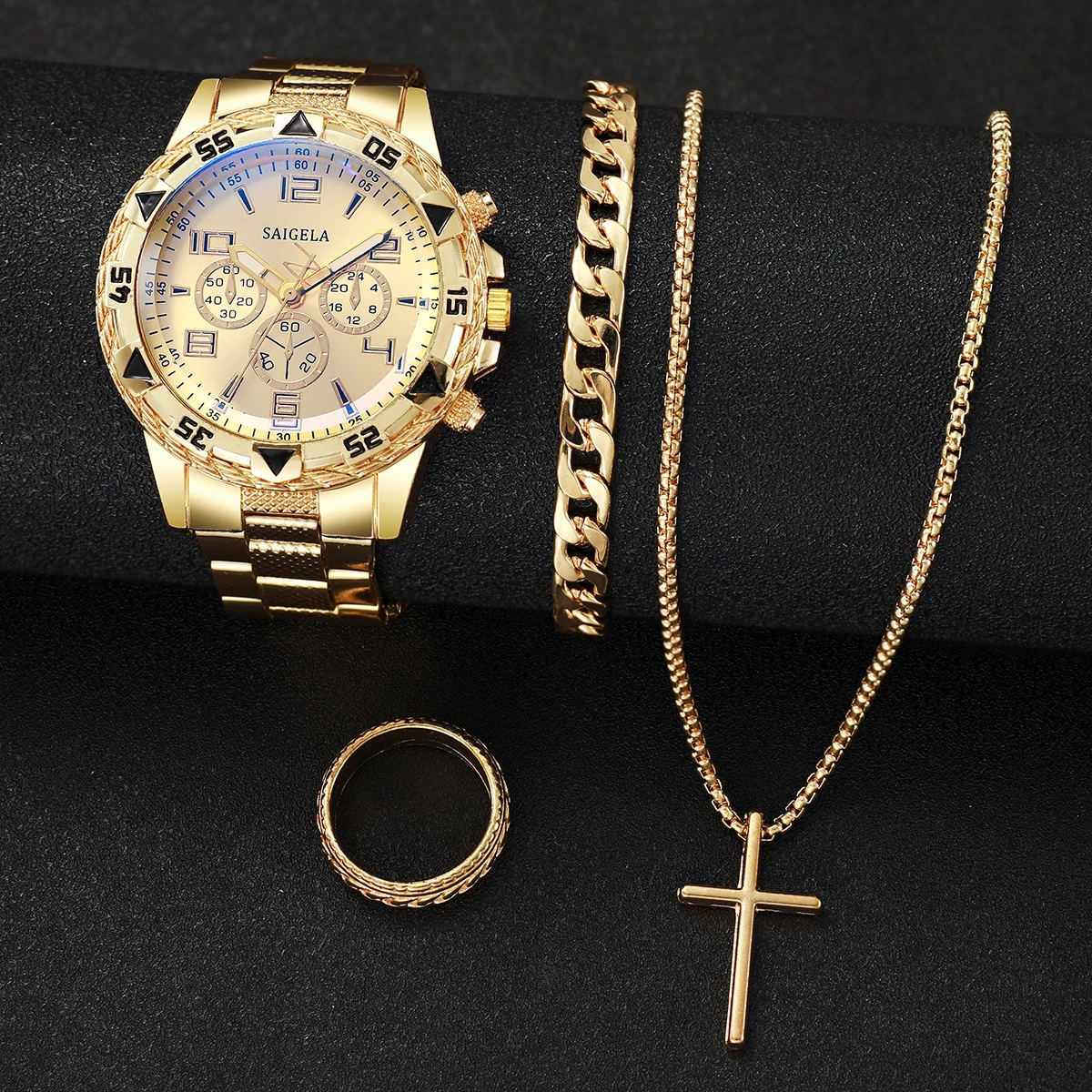 4PCS/Set Men\'s Watch Fashion Gold Steel Band Analog Male Quartz Watches Jewelry Set（Without Box）