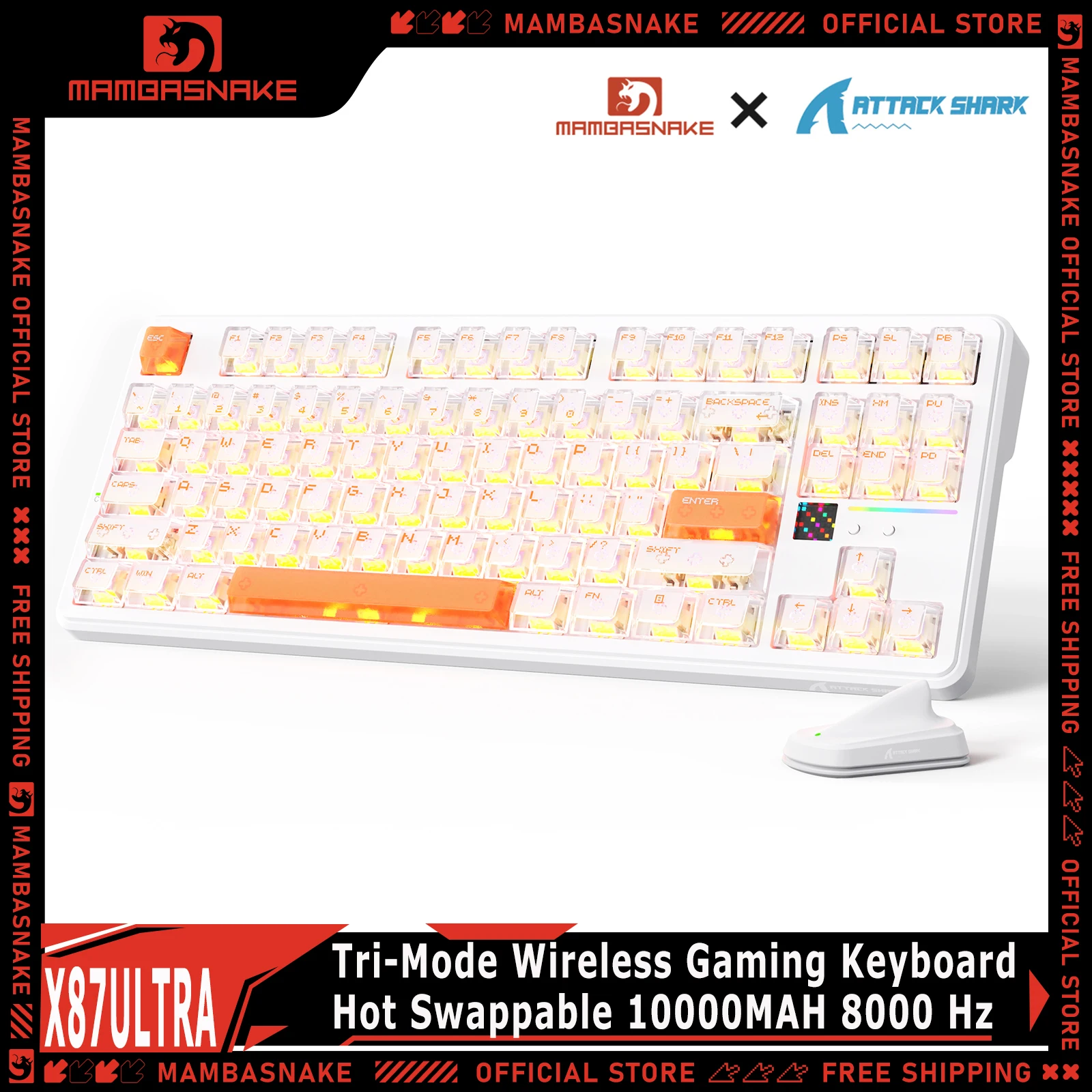 

ATTACK SHARK X87 ULTRA Tri-Mode Mechanical Gaming Keyboard 87 Keys Bluetooth 2.4G Wireless 8K RGB Gasket Hot Swappable 10000MAH