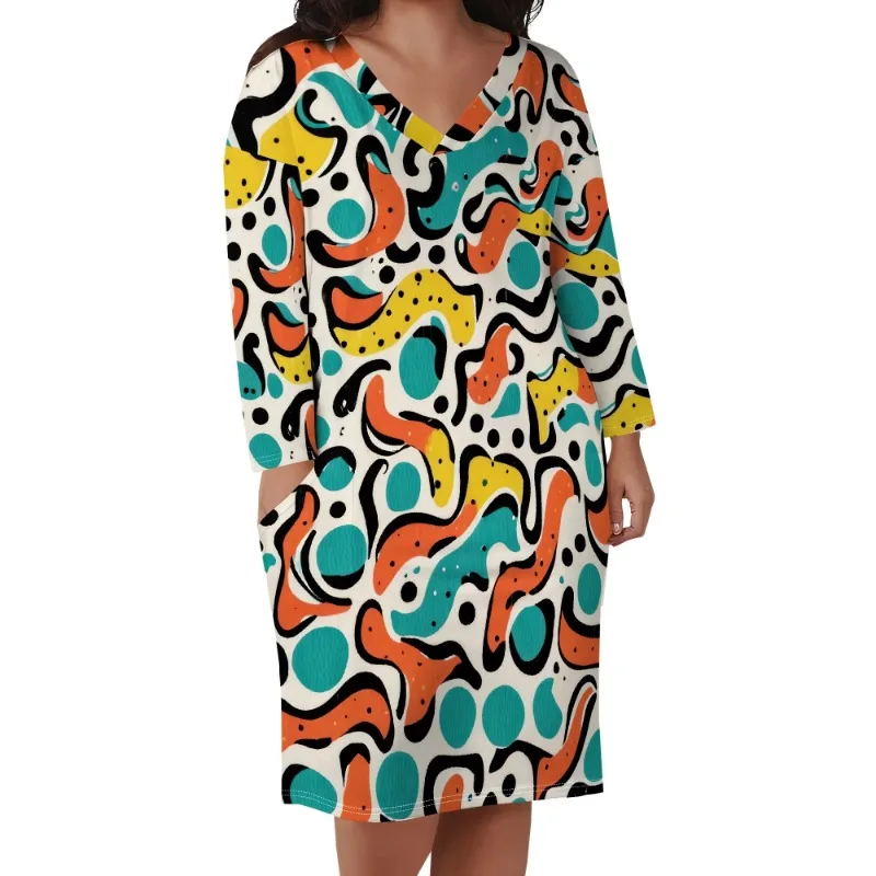 

Cute for Women Printed V Neck Long Sleeve Loose Tshirt Plus Size Dress with Pockets