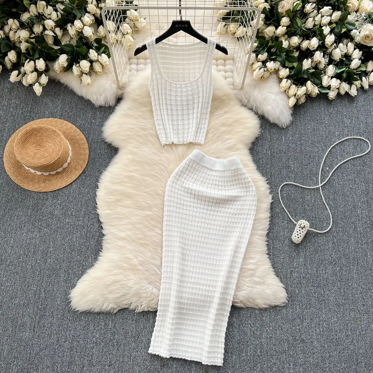 Skirt Set Women Two Piece Sets Knitted Sexy Slim Dress Sets Round Neck Sleeveless Short Vest Tops High Waist Long Skirts Elegant