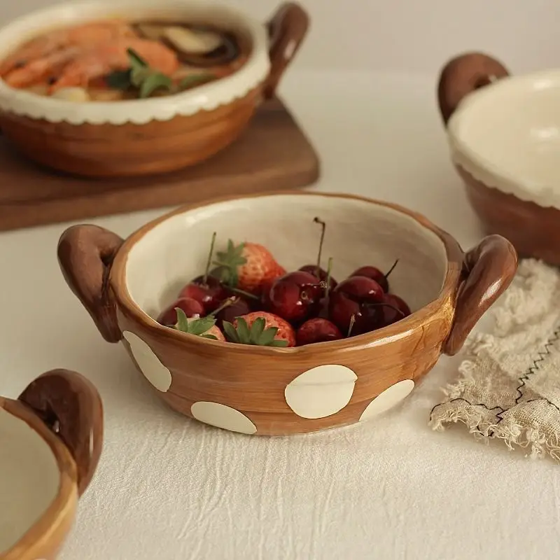 Lace Chestnut Brown Shaped Brown Edged Ceramic Double Ear Bowl,Heat-resistant Soup Instant Noodle Bowl,Retro Tableware