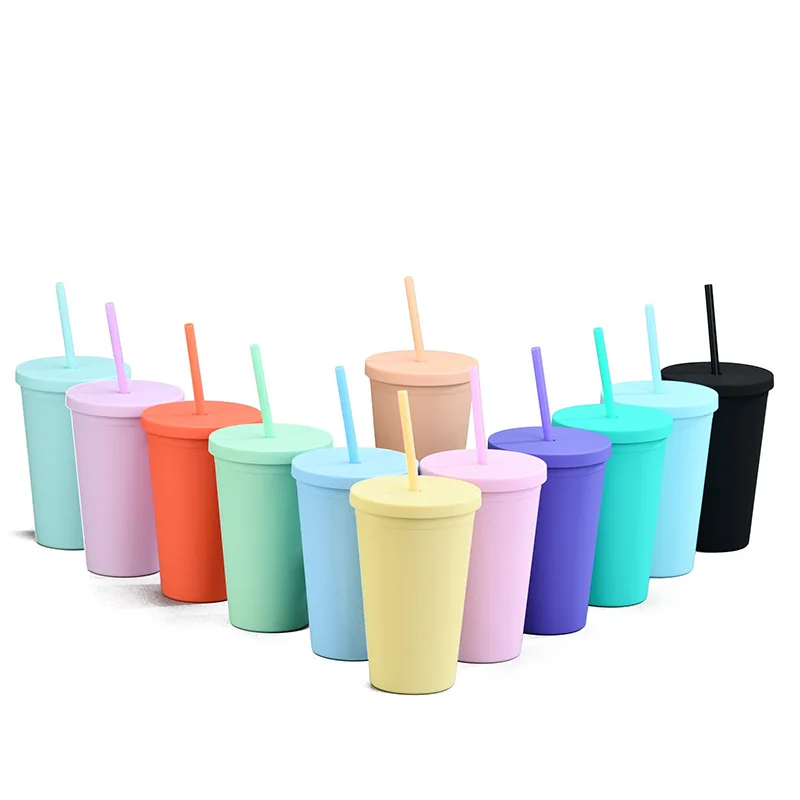 

16oz Top Selling Multicolor Fashion Solid Color Student Girl Boy Portable Plastic Juice Drink Mug Cups With Straw Lid