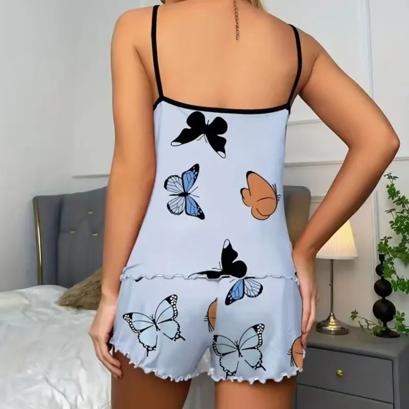 طقم بيجامة نسائي 2 قطعة. بلوزة رسن بطبعة أوراق الملفوف على شكل فراشة وسروال قصير بخصر مطاطي. طقم بيجامة نسائي ملابس منزلية