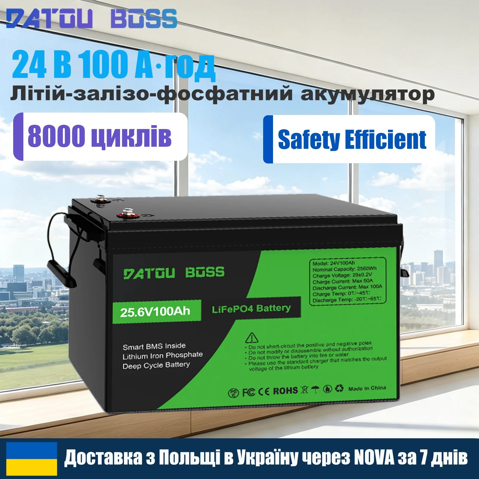 DATOUBOSS 24V 100Ah LiFePO4 Battery 2560wh Rechargeable Built-in Intelligent BMS System Deep Cycle 8000+ for RV Solar