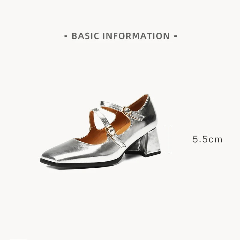 Spring Square Toe Mary Jane Shoes Fashion Women Block High Heels Casaul Silver Gold Cross Buckle Shallow Wedding Pumps Shoes 47