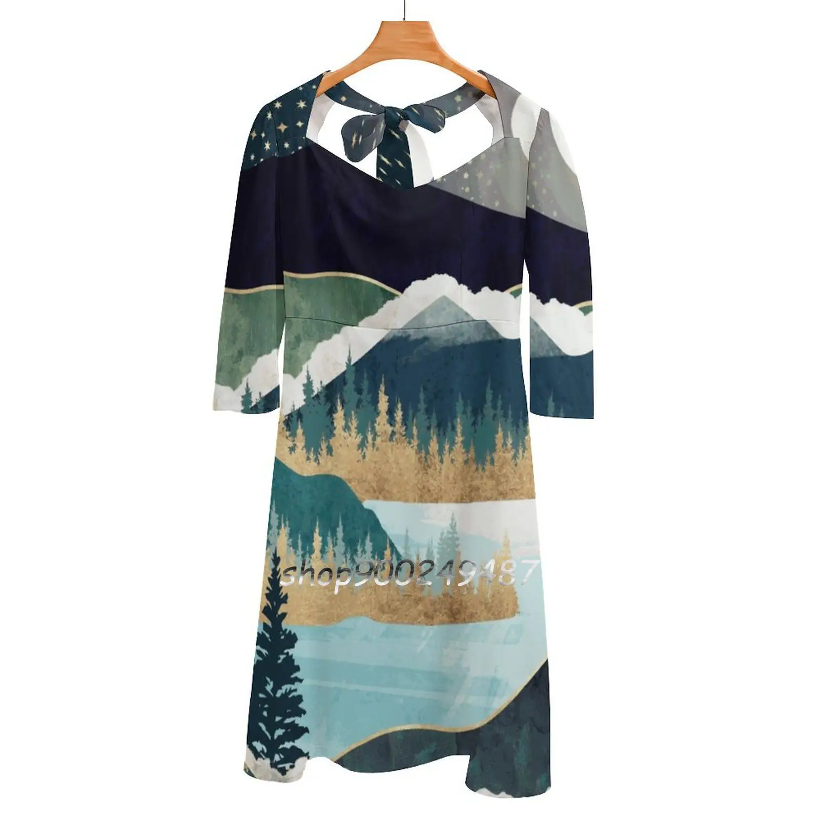 Star Lake Square Neck Dress Sweet Summer Dress Women Elegant Halter Print Dress Stars Lake Water Nature Landscape Mountains