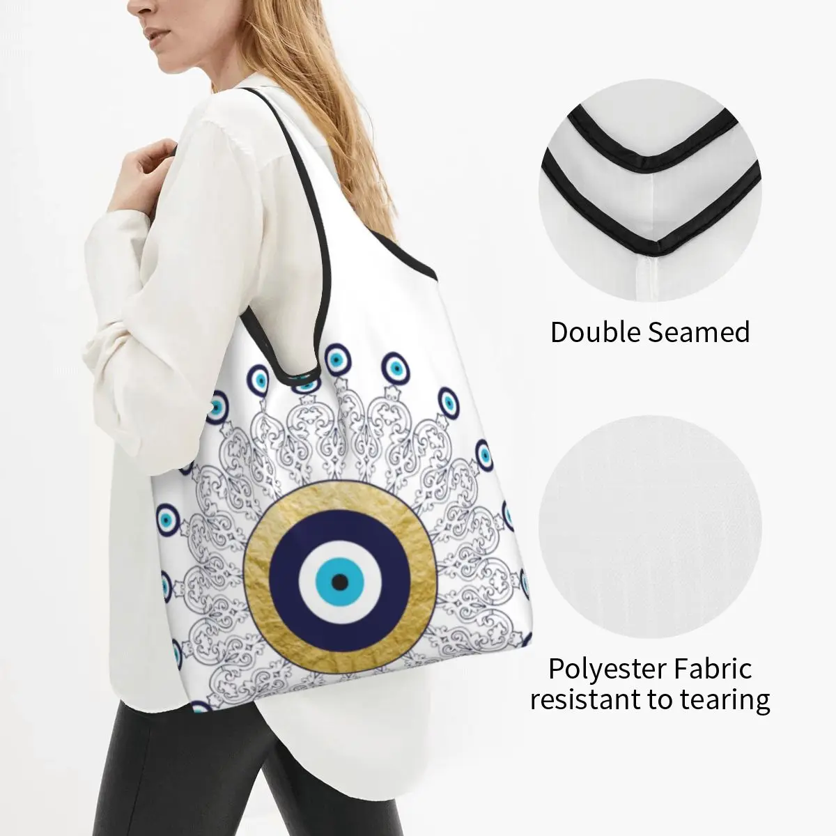 Custom Cute Evil Eye Mandala In Gold And Blue Shopping Tote Bag Portable Lucky Charm Amulet Grocery Shopper Shoulder Bag