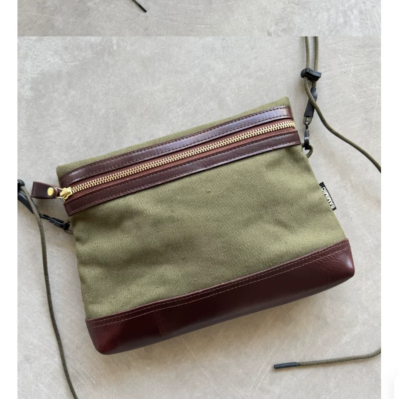 Vintage Genuine Leather Patchwork Canvas Outdoor Commuter Casual Crossbody Bag Small Phone Bag Unisex Trendy