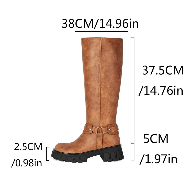 ORCHA LISA Green Women Knee High Boots Round Toe 5cm Block Heel 2.5cm Platform Slip On Belt Buckle Plus Size 42 43 Casual Botas
