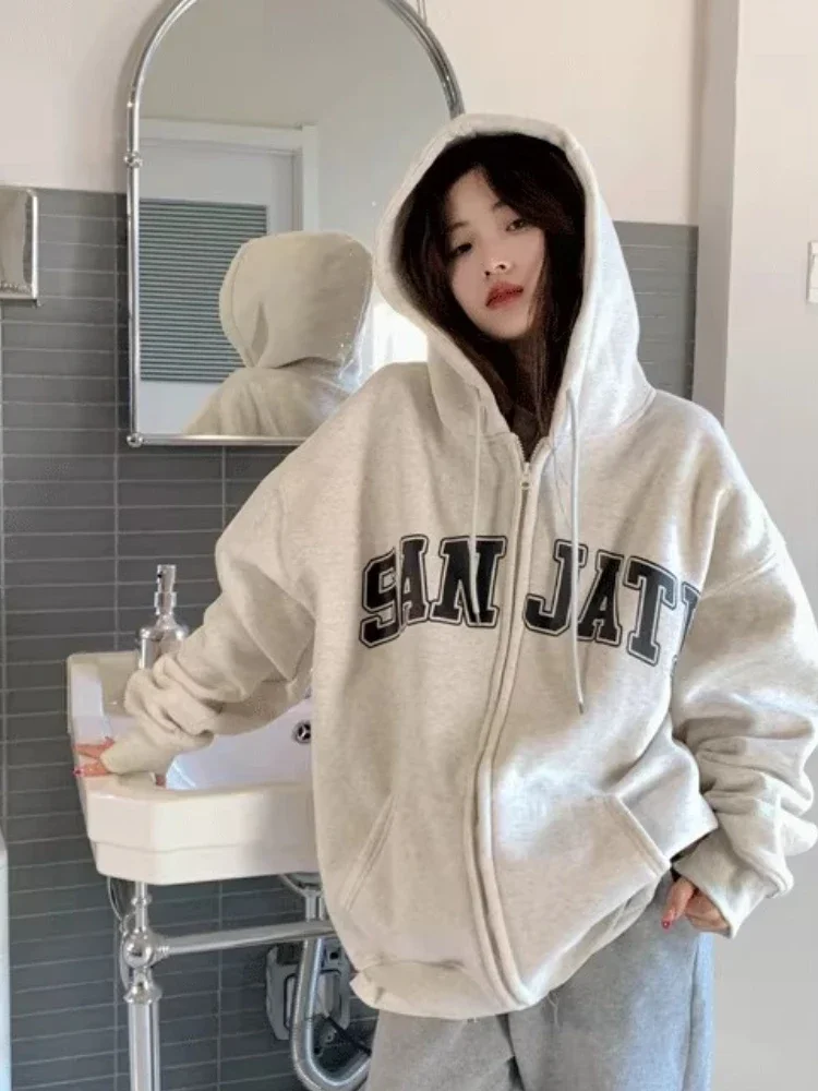 Fashion Y2K Hooded Sweater Women's Zipper Cardigan American Style Loose Lazy Style Grey Fleece-lined Thickened Jacket Top Trendy