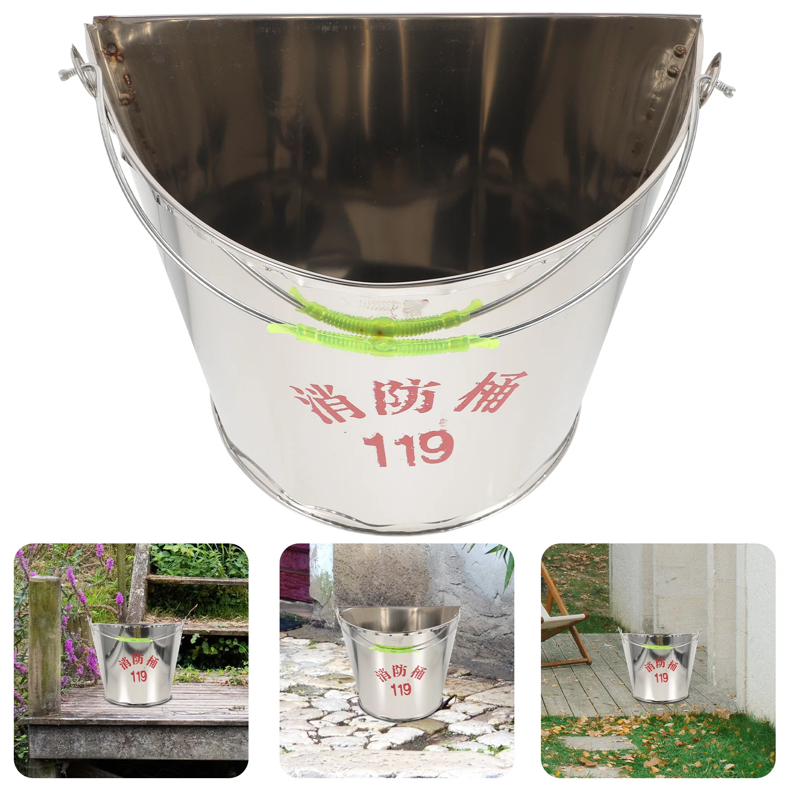 Stainless Steel Semi-Circular Emergency Sand Bucket Durable Fire Fighting Bucket Fireplace Ash Holder Practical Handle Design