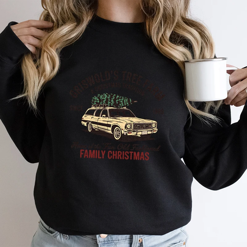 Family Christmas Tree Farm Graphic Fashion Casual Hoodies Festive Tree Car Classic Sweater Retro Christmas Womens Sweatshirts