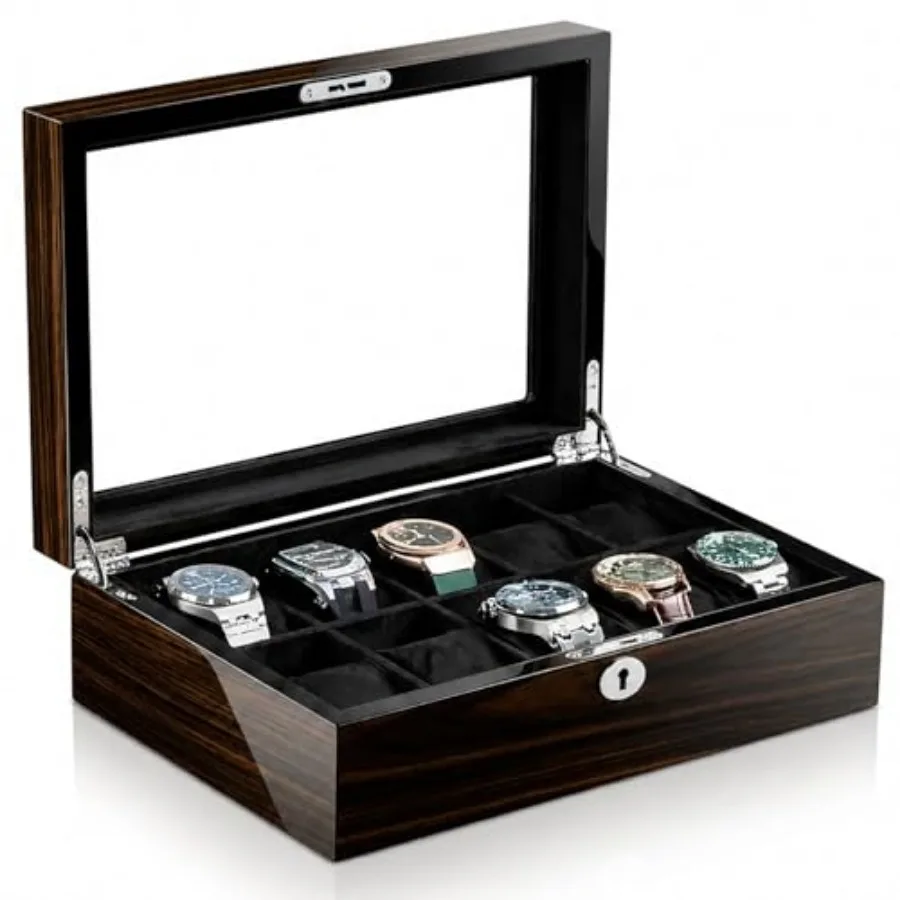 

Watch Display Case with Glass Window Lid, Ebony Mountain Grain, High Gloss Finish, Lock and Velvet Interior, Fits Watches up to