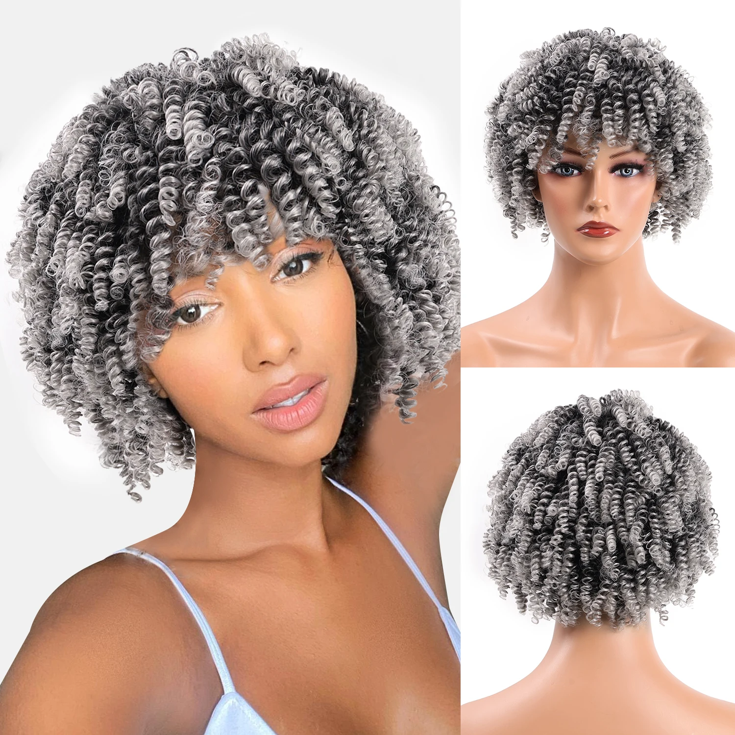 باروكة صناعية قصيرة مجعدة بطول 35.56 سم من الألياف المقاومة للحرارة، سهلة التصميم، قطعة شعر نسائية باللون البني والأسود الطبيعي #1