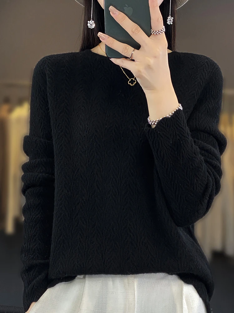 2024 New Women 100% Merino Wool O-Neck Pullover Cashmere Sweater Autumn Hollow Out Jumper Peacock Pattern Knitwear Tops