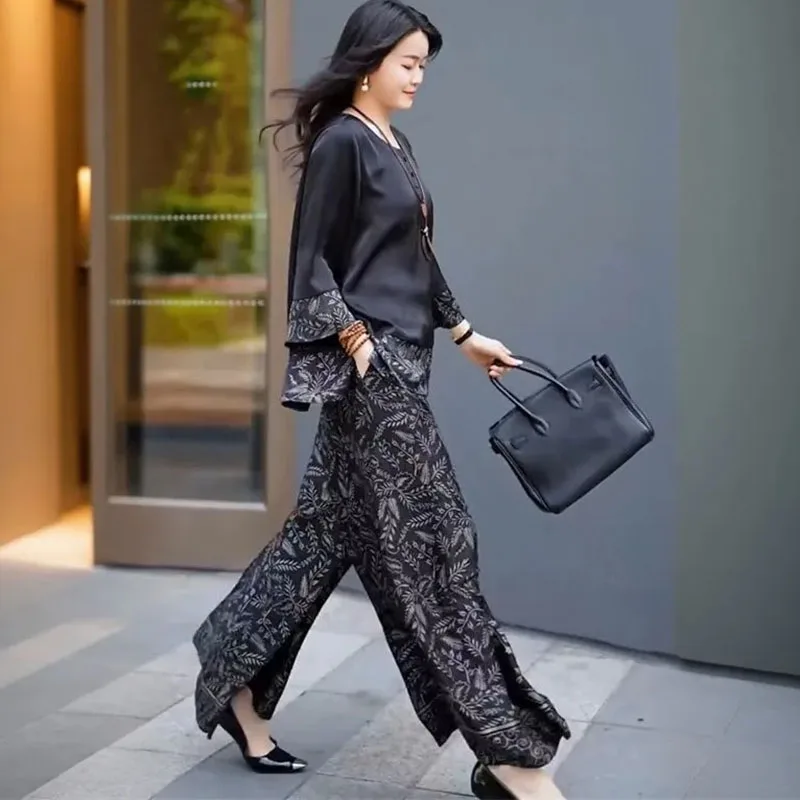 Summer Women Loose Satin Outfit Korean Ladies Leisure Seven Divide Sleeve Pants Two-piece Suit 2025 Female Large Size 4XL 2PCS