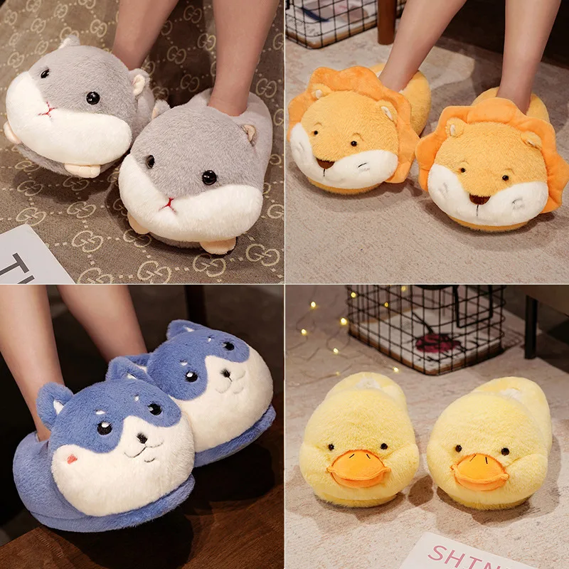 Cute Cartoon Slippers Women Men Winter Home Indoor Shoes Soft Sole Warm Plush Girls Boys Shark Husky Duck Funny Footwear