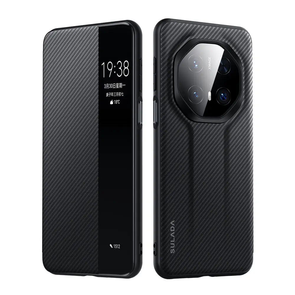 Кожаный чехол с магнитным узором из углеродного волокна для Huawei Mate70 RS, чехол с видом на окно