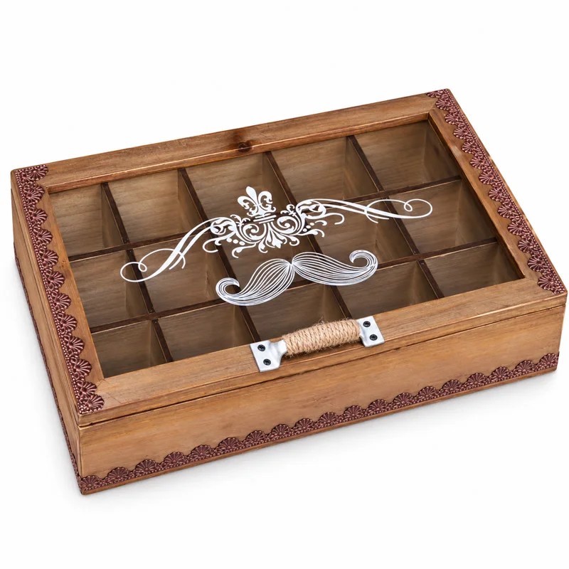 Wooden Jewelry Box with Glass Lid, Decorative Etched Design, Multiple Compartments, Vintage Style Storage Organizer, 15.4x9.4x3.