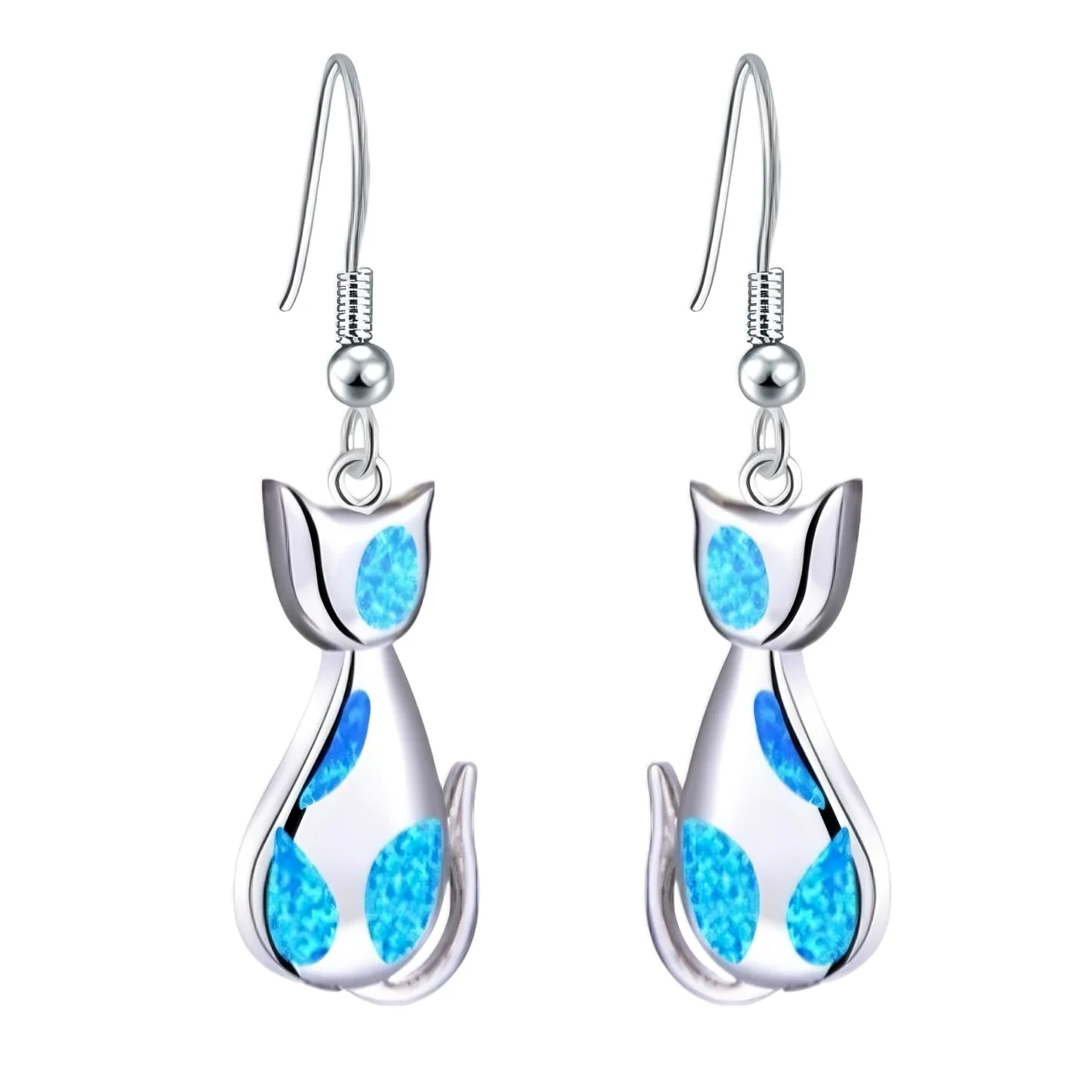 Katzenohrringe für Frauen, blaue Opal-Ohrhänger, versilberter Tierschmuck, süße Kätzchen-Tropfenohrringe, leichtes Geschenk für