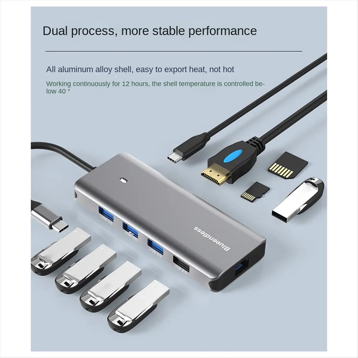 A46U Blueendless Aluminum USB C to 10 in 1 HUB 4k 60hz Type-C HDTV 100w with PD for MacBook Pro Accessories SSD Case