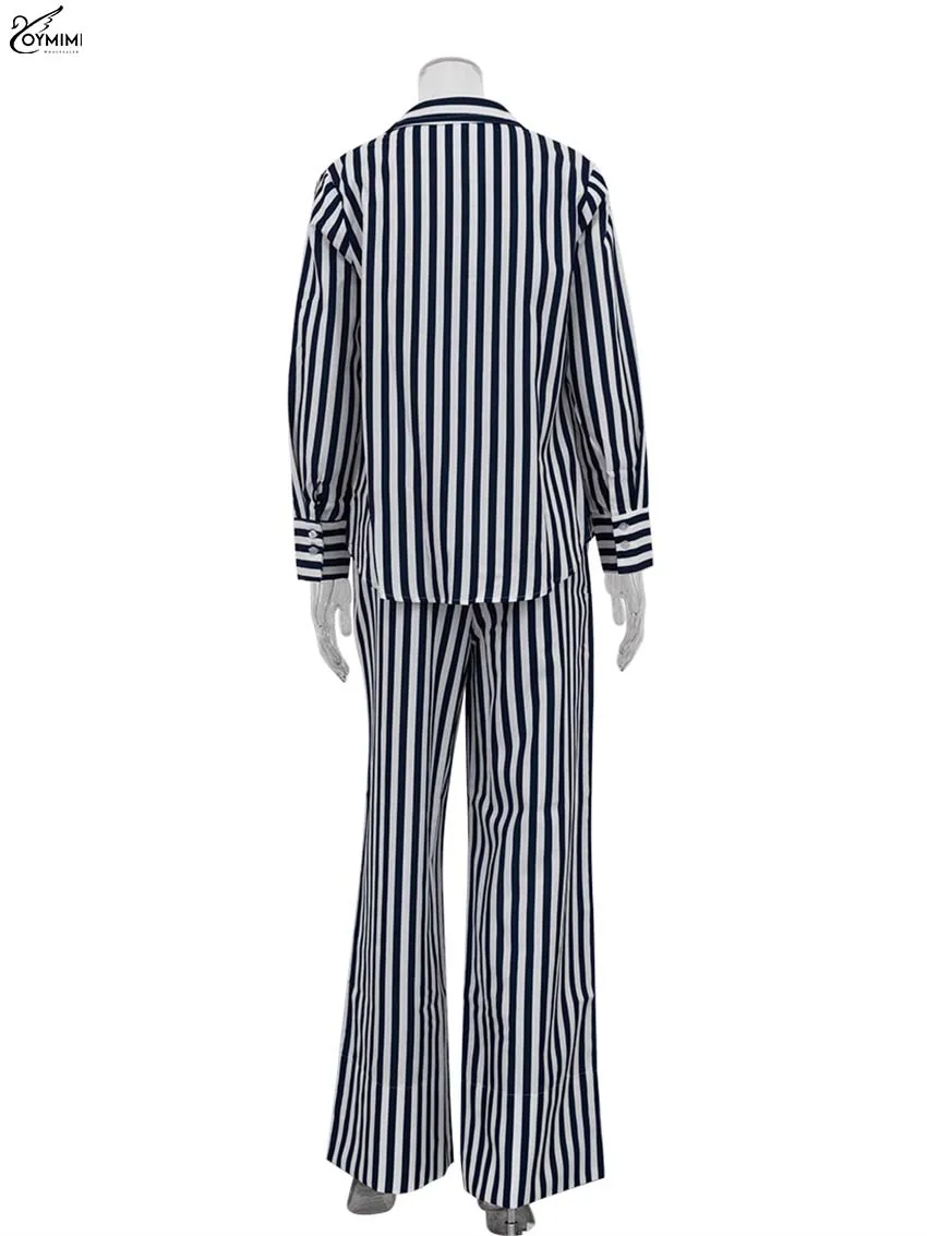 Oymimi Elegantes 3-teiliges Set mit blauem Aufdruck für Damen, modisches Langarm-Hemd mit Knöpfen und trägerlosem BH + Hosen-Set mit geraden Taschen