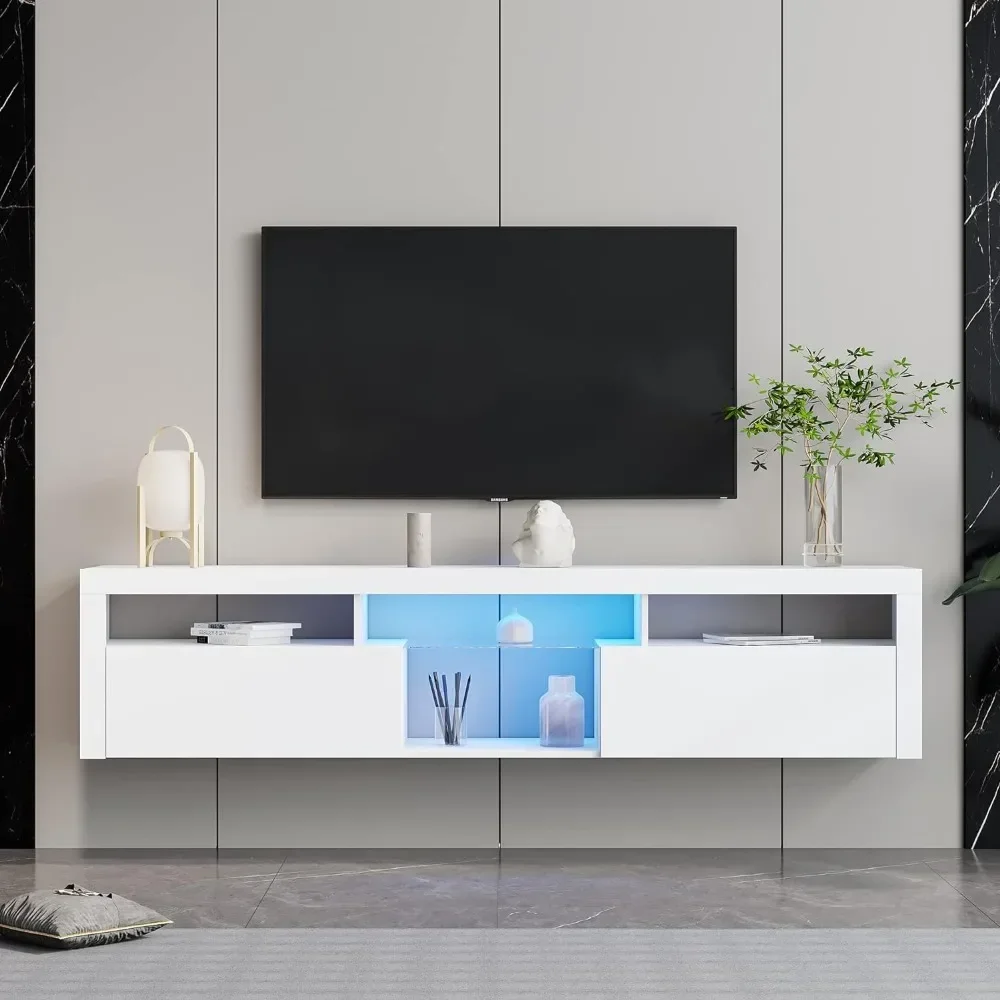 Flutuante LED TV Stand, branco montado na parede, entretenimento Media Center, console com gabinete, TV Stand, 70 ", 75", 80 ", 85"