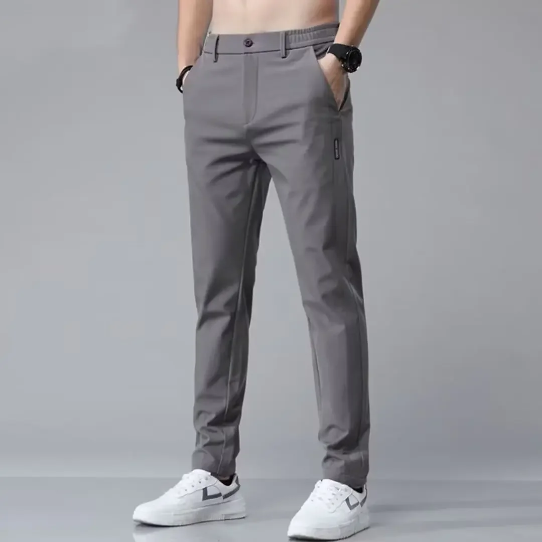 Pantalones informales para hombre, semielástica pretina, nailon, seda de hielo, tubo recto, gris claro, hombre de negocios, verano, informal