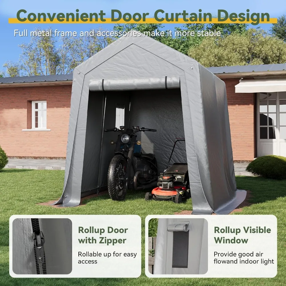 

6x8x7 FT Outdoor Portable Storage Shed Tent with Roll-up Zipper Door and Window Portable Carport with Waterproof Tarp Steel