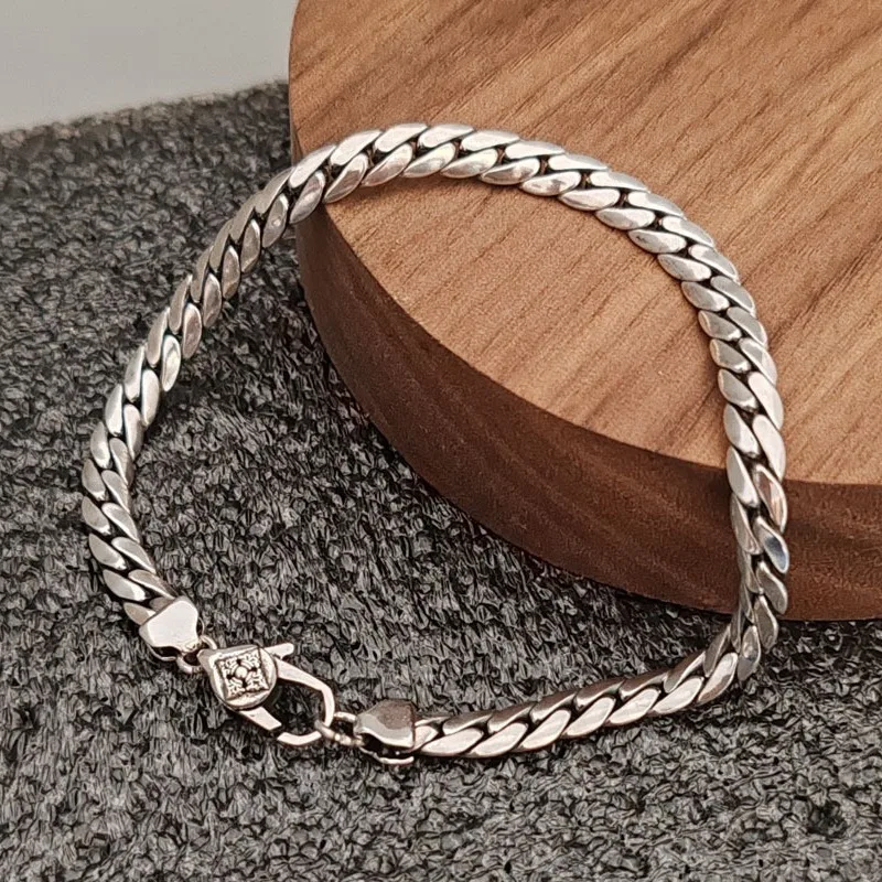 

Real Solid 925 Sterling Silver Chain Men 5mm Flat Snake Curb Cuban Link Bracelet 14g/22cm