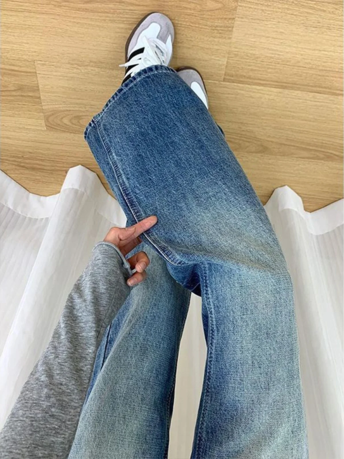 Celana Jeans Wanita Model Retro Low Waist Flared, Desain Lurus Longgar Tidak Ketat, Celana Kaki Lebar Katun Stretch Denim Musim Semi Gugur