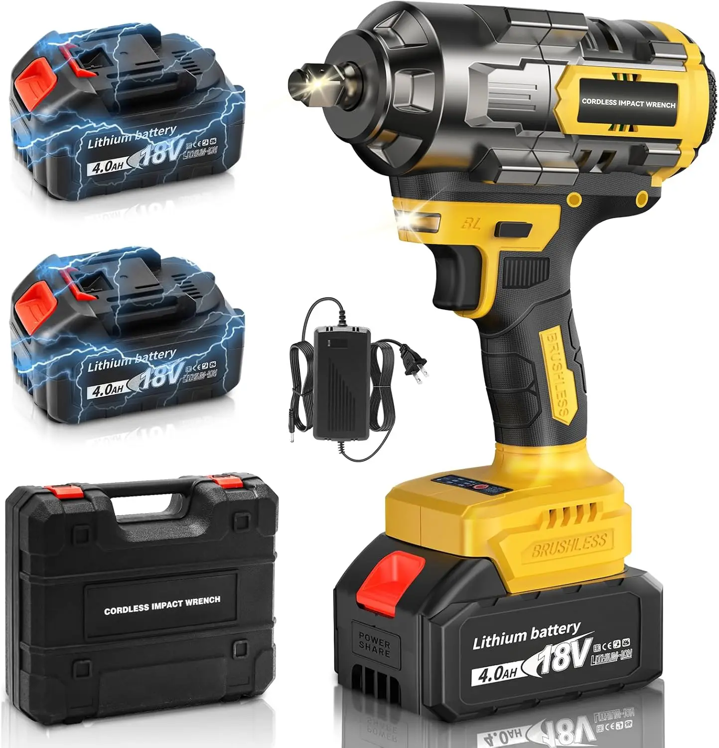 

1000Nm(738ft-lbs) Cordless Impact Wrench 1/2 inch, High Torque Brushless Impact Gun w/Two 4.0AH Battery, with Storage Case, Elec