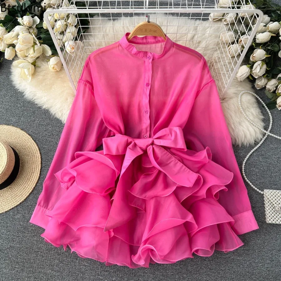 2025 Chiffon French Chic Elegant Blouses for Womens Spring Long Sleeve O-neck Solid Colours Femmen Long Shirt Tops Ruffles Woman