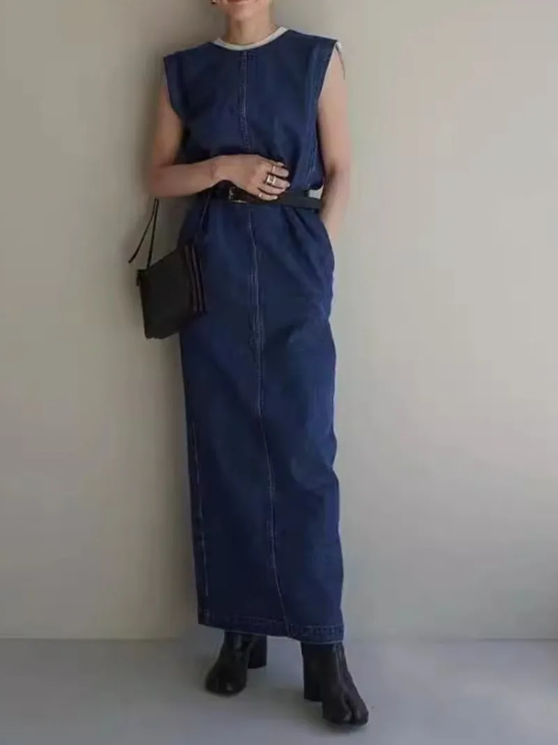 Backless Bow Lace-up Vintage Denim Dress O-neck Sleeveless Loose Casual Robes Female Japan Style Chic Spring Summer Vestidos