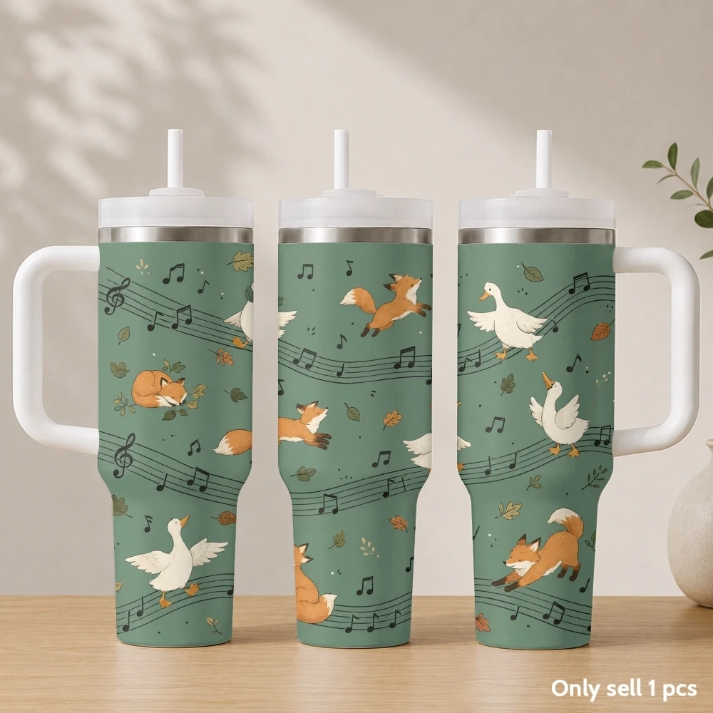 Cute musical animal Vacuum Flasks 40oz Stainless Steel Insulated Tumbler with Handle & Straw Leakproof Travel Mug