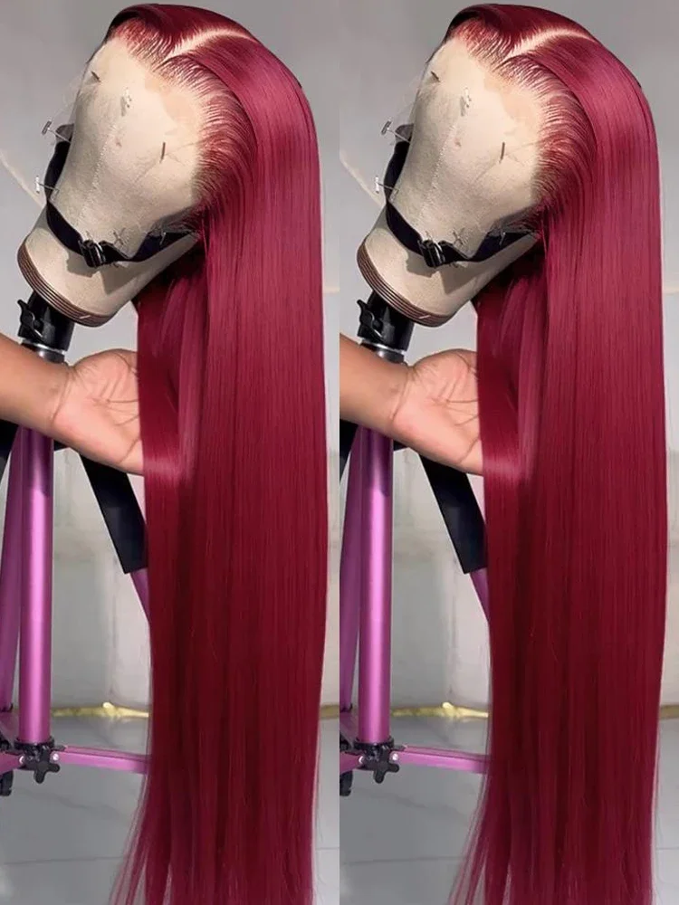 

30 36 дюймов 99J бордового цвета 13x6 костяной прямой парик фронта шнурка прозрачный парик фронтальной части шнурка человеческих волос для женщин предварительно сорванные