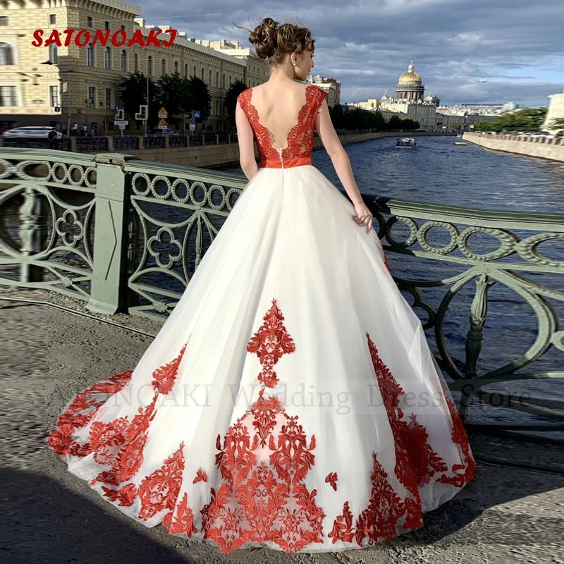 Vestidos De Novia Elegant Boho White and Red Lace Wedding Dresses Floor Length A-Line Side Split Bride Gown Robe Mariée Custom