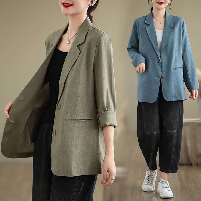 Chaqueta de traje de lino Retro para mujer, ropa de abrigo informal de Color sólido, cárdigan abierto, Top versátil de estilo...