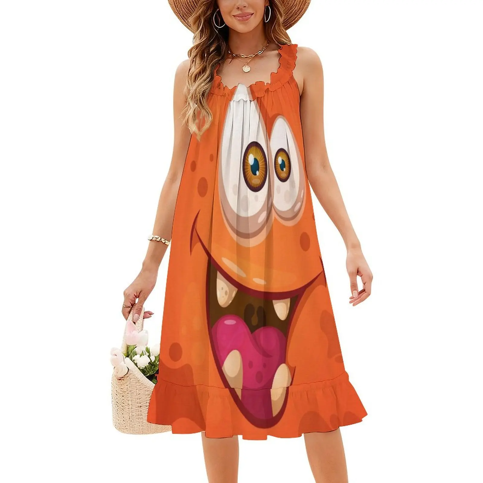 فستان بوهيمي لطيف ومجنون على شكل وحش كرتوني بدون أكمام للنساء مطبوع عليه فساتين حفلات الشاطئ وحفلات أعياد الميلاد السعيدة