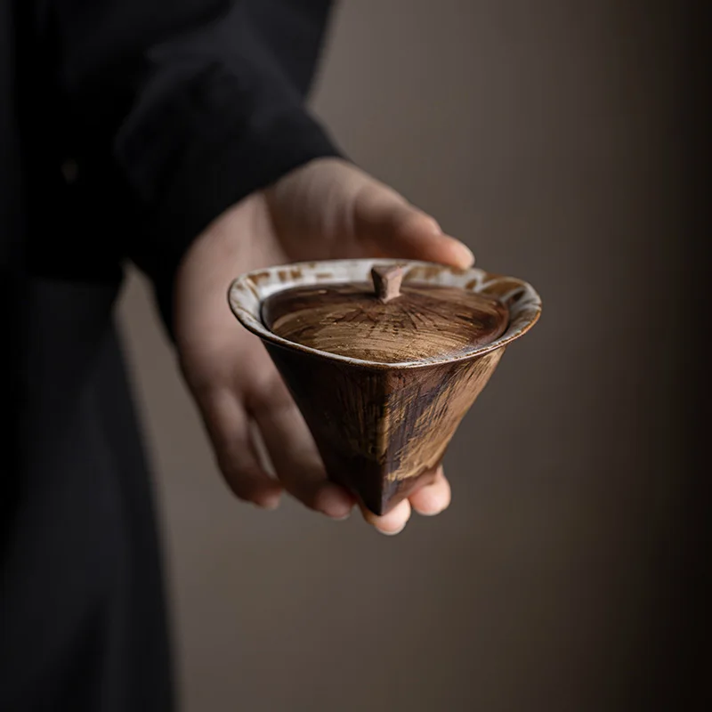 

Чайная чаша ручной работы в стиле Раку, дзен-чаша с крышкой для заваривания чая Гунфу, художественный чайный набор из двух предметов