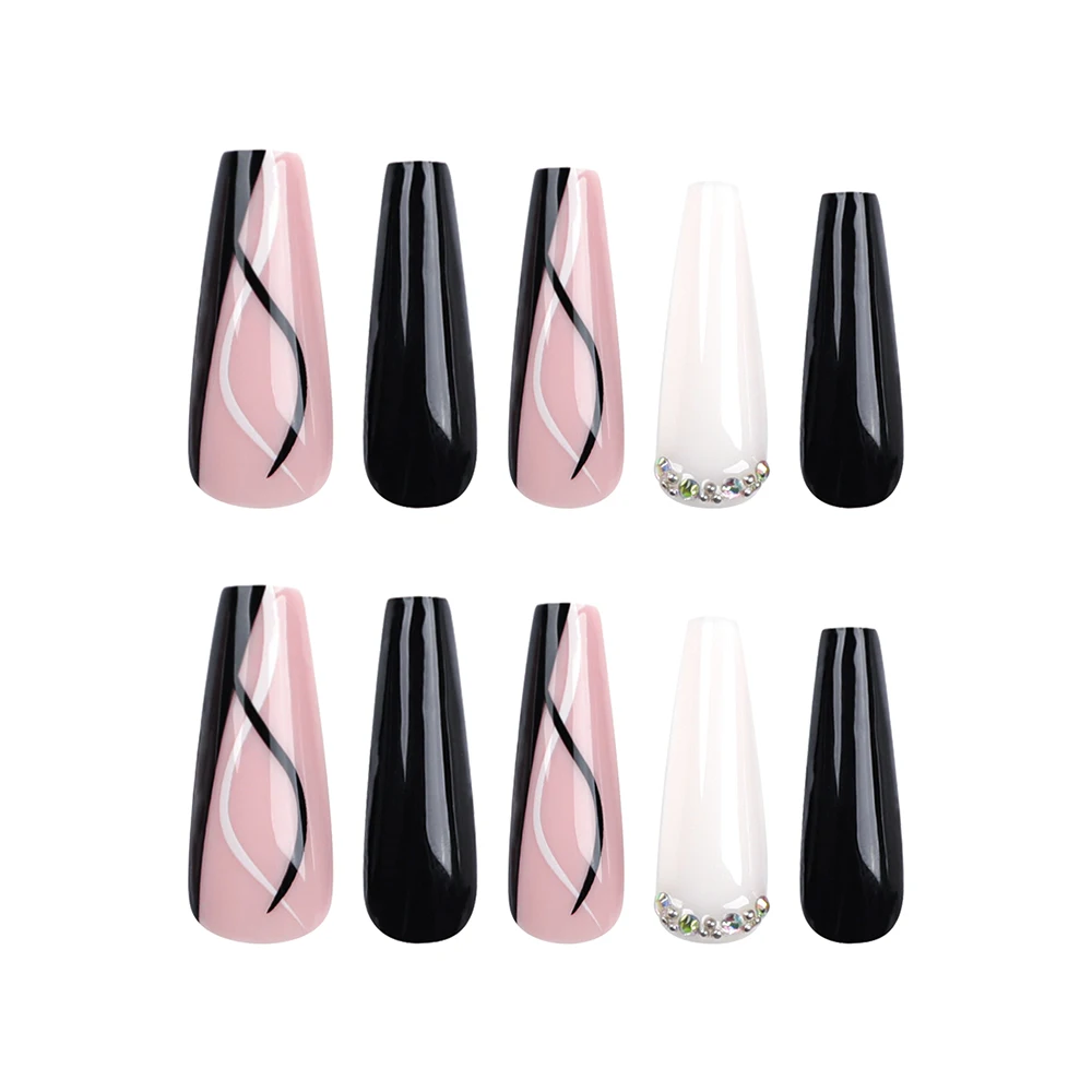 

JP3082 QTCJ 24Pcs Black pink stripes paired with white inlaid rhinestones Wearable Nail Art Nail Patch Waterproof And Removable
