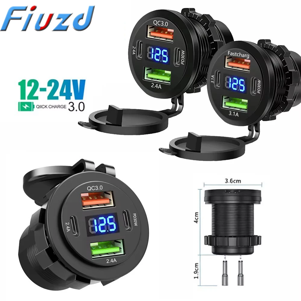 carregador-de-carro-com-multiplas-portas-pd-qc30-tomada-usb-com-voltimetro-digital-12v-24v-para-motocicleta-carro-barco-caminhao-Onibus