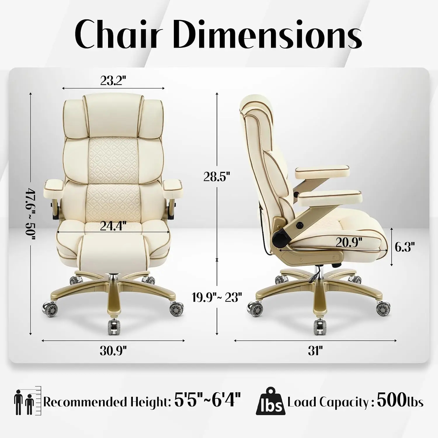 Big and Tall Office Chair 500lbs,5D Armrests Heavy Duty Executive Leather Chair with Comfortable Seat, Adjustable Lumbar, High