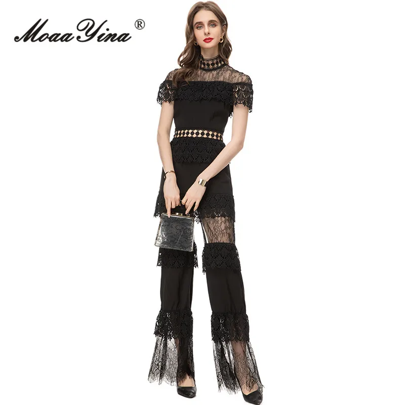 MoaaYina Spring Fashion Designer Black Vintage Spliced Jumpsuit Women's Stand Collar Lace Hollow Out Ruffles Slim Long Jumpsuit