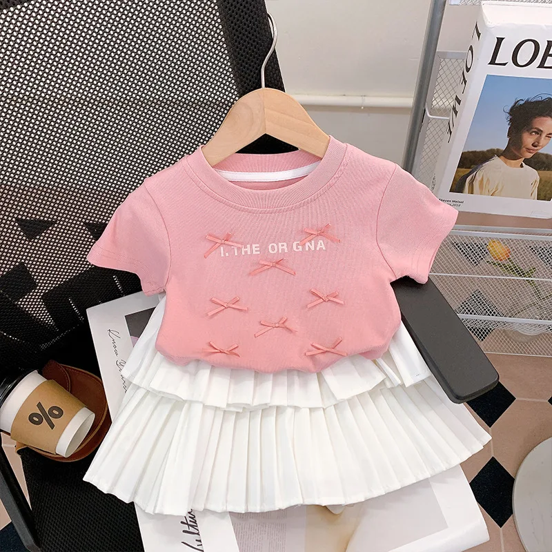 Summer 2024 Children Girls Bow Short-sleeved T-shirt + Pleated Skirt 2PCS Clothing Sets Letters Tops Skirt Clothes Suits