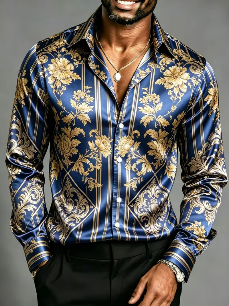 New Gold Spliced Cashew Paisley Floral Print Long Sleeved Shirt With A Drape And Shiny Satin Top For Men