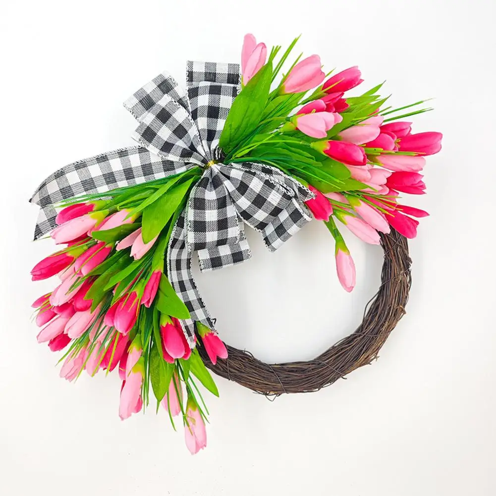 Wreath Home Decor Artificial Door Wreath Spring Floral Plaid Bowknot Door Wreath for Home Decor Garden Ornaments